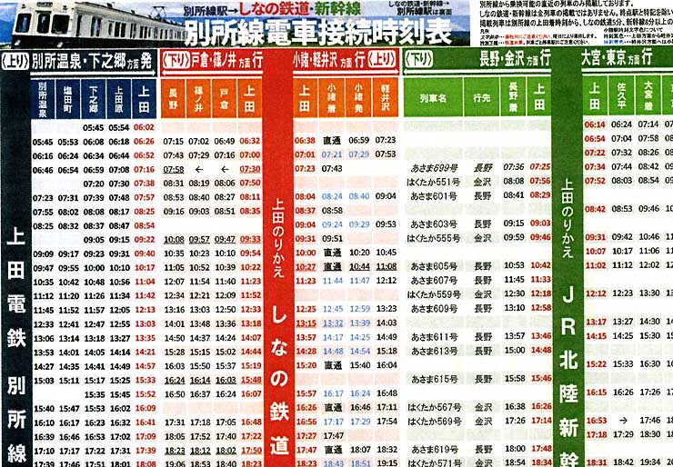 「考える会」が作った「接続時刻表」。上田駅で乗り換えられる列車が一目で分かる