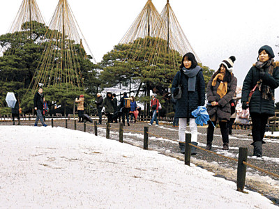 兼六園うっすら雪化粧　金沢で積雪１センチ