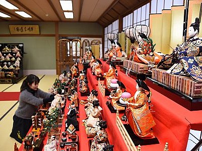 ひな人形１５０体眺め一服を　福井県陶芸館茶苑