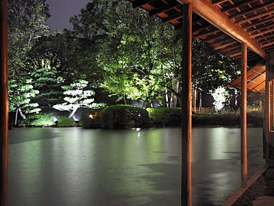 夕やみに浮かぶ名勝・養浩館庭園　１１月までライトアップ