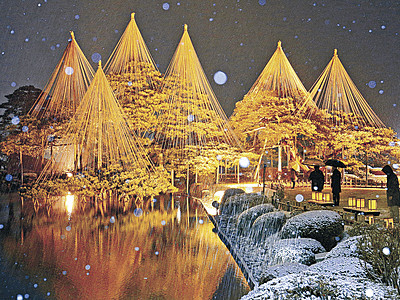 光と雪、名園彩る　金沢城・兼六園、１日からライトアップ