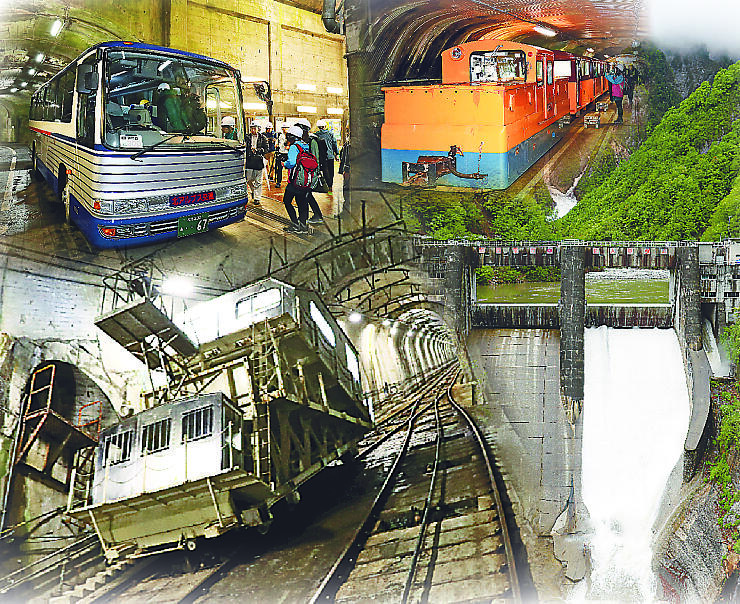 右上から時計回りに上部専用鉄道、仙人谷ダム、インクライン、黒部トンネル専用バスのコラージュ