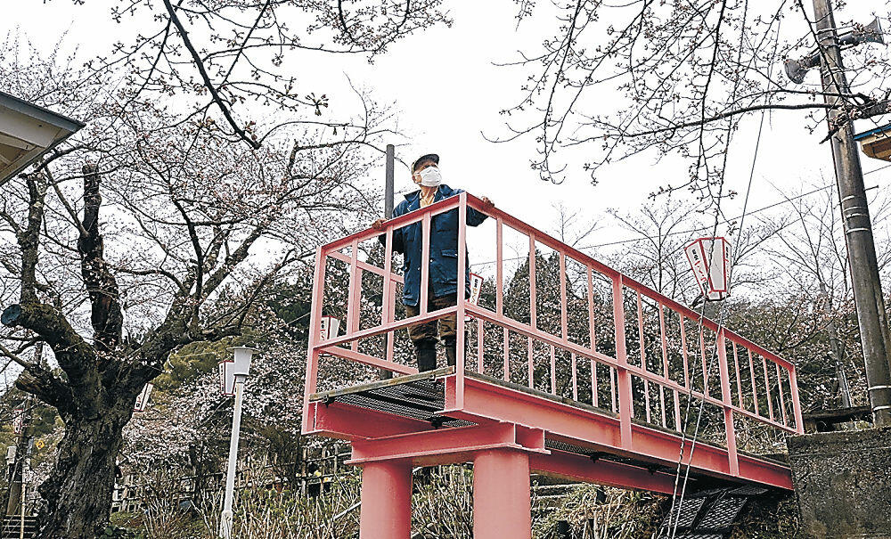 住民が整備した桜色の「見晴らし台」と開花した桜＝穴水町の能登鹿島駅