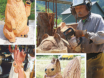木の動物お出迎え　富山の山中さん、１５０体制作