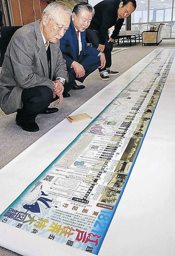 絵巻を眺める（左から）竹田さん、川口町長、辺本さん＝内灘町役場