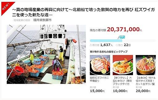 新たな返礼品開発に向けて福井県敦賀市が支援を呼び掛けているクラウドファンディングページ