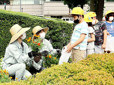花時計植え替え見学　県庁前公園で芝園小児童、花持ち帰る