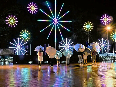 大きい花火　和傘も華やかに　あづみの公園大町・松川地区で夏のイルミネーション