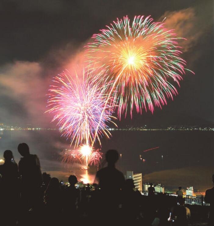 終戦記念日の夜、諏訪の空を彩った花火＝１５日午後８時３６分、諏訪市上諏訪