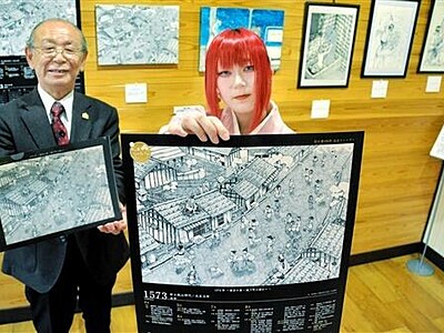 一乗谷の栄華描いたカレンダー　越前町の芸術家、西野カインさんが原画