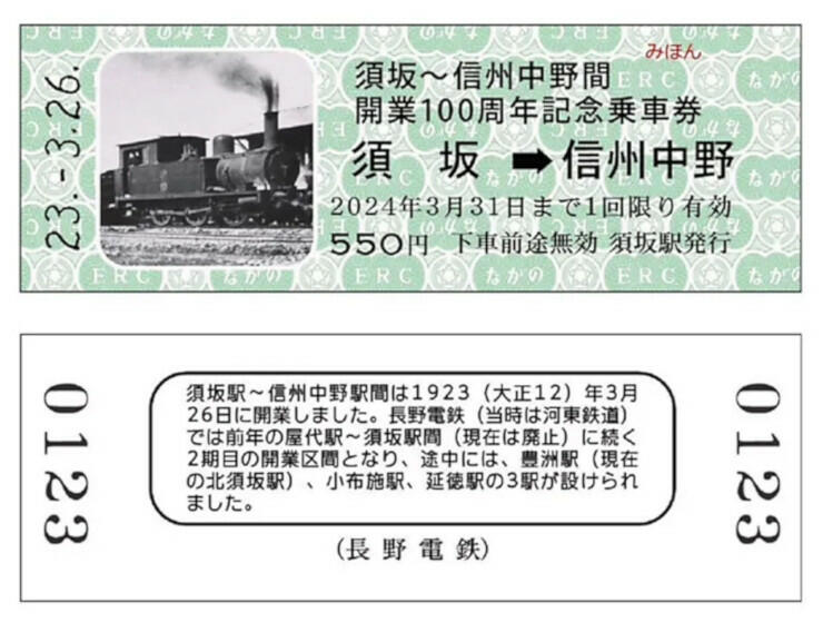 開業１００周年記念乗車券（長野電鉄提供）