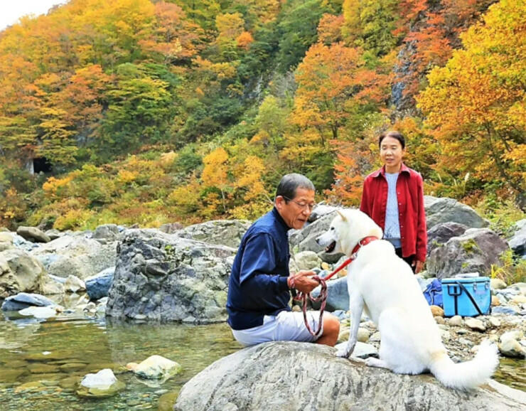 愛犬と一緒に秋山郷の紅葉を楽しむ人たち
