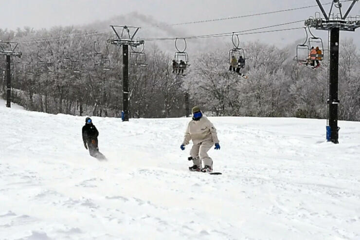 天然雪を滑走するスノーボーダー