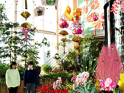 めでたい雰囲気演出　砺波・チューリップ四季彩館で新春展示